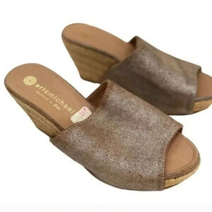 Platform Sandals Espedrille Mule Slide Leather Eric Michaels Beige Metallic